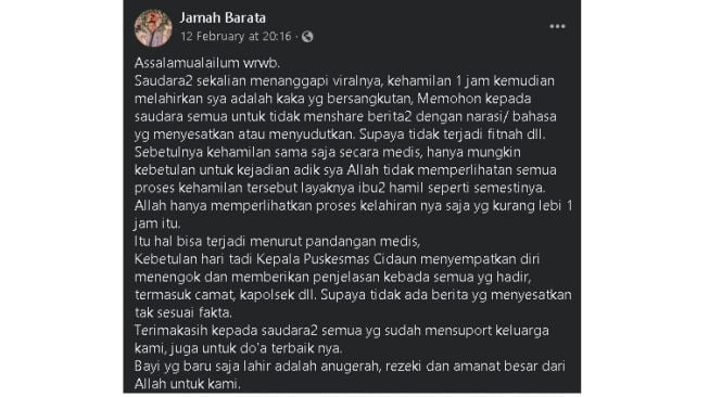 Penjelasan keluarga, wanita hamil 1 jam langsung melahirkan