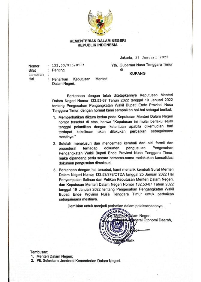 Isi Surat Kemendagri untuk wakil bupati Ende
