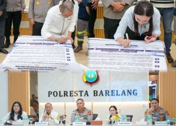 12 P Batam bersama Polda Kepri dan pelaku usaha besi tua (scrap) menandatangani Pakta Integritas Pencegahan Penadahan dan Perdagangan Barang Hasil Tindak Pidana di Aula Polresta Barelang, Senin (15/6). (Foto:Ist)